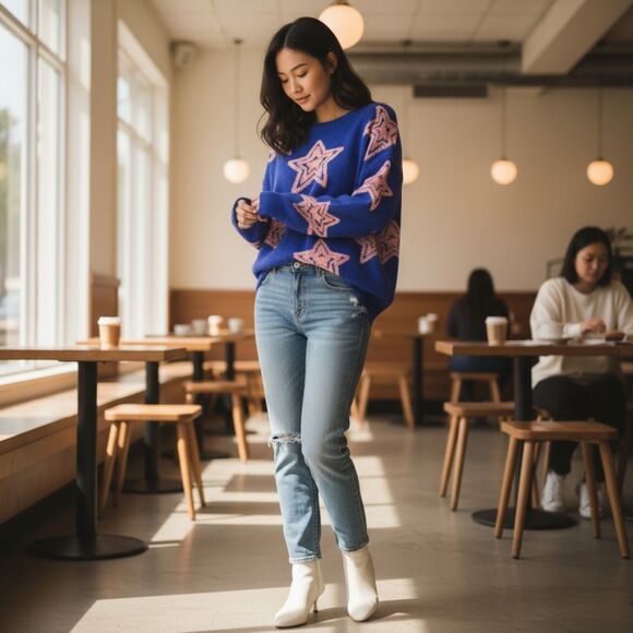FANTASTIC FAWN Oversized Royal Blue and Pink All Over Star Sweater, NWOT! Large - Picture 2 of 9